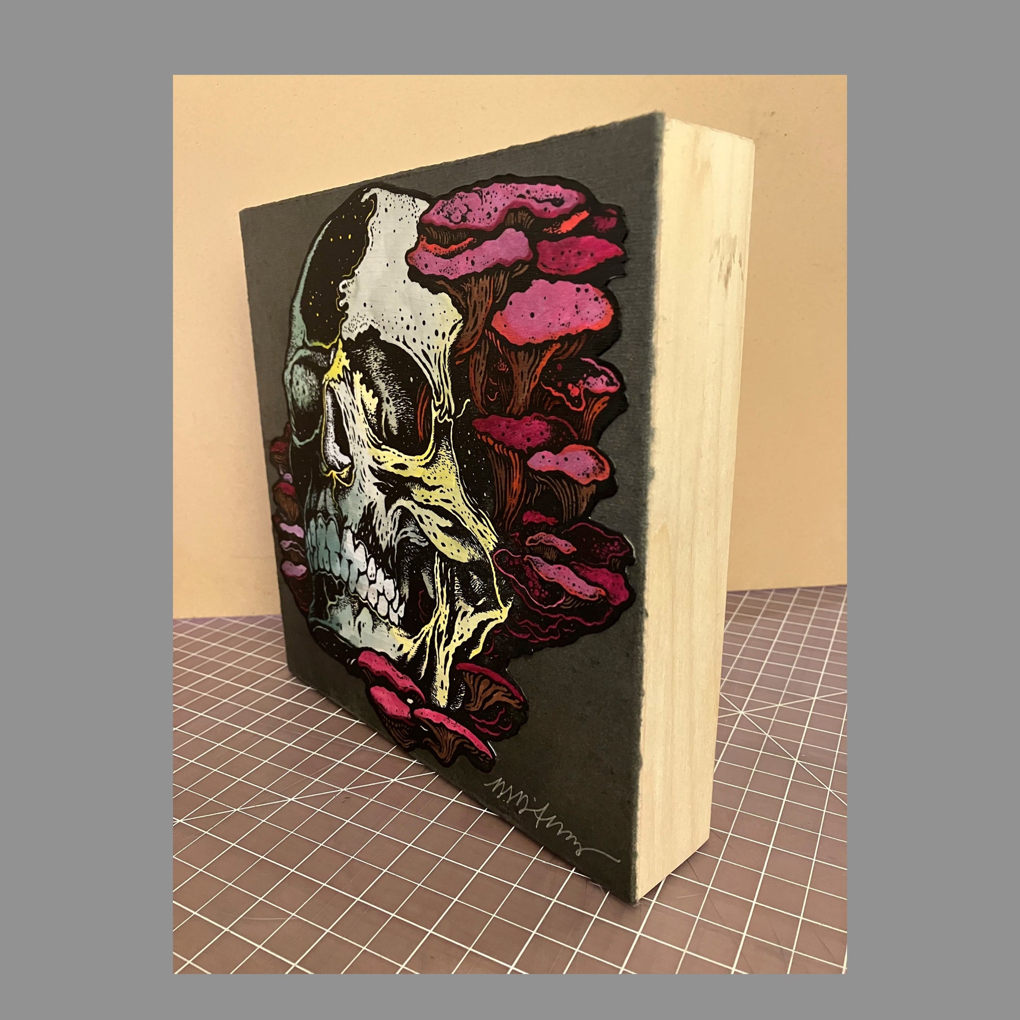 Hand painted Letterpress Skull and Shrooms - Samaritan Press