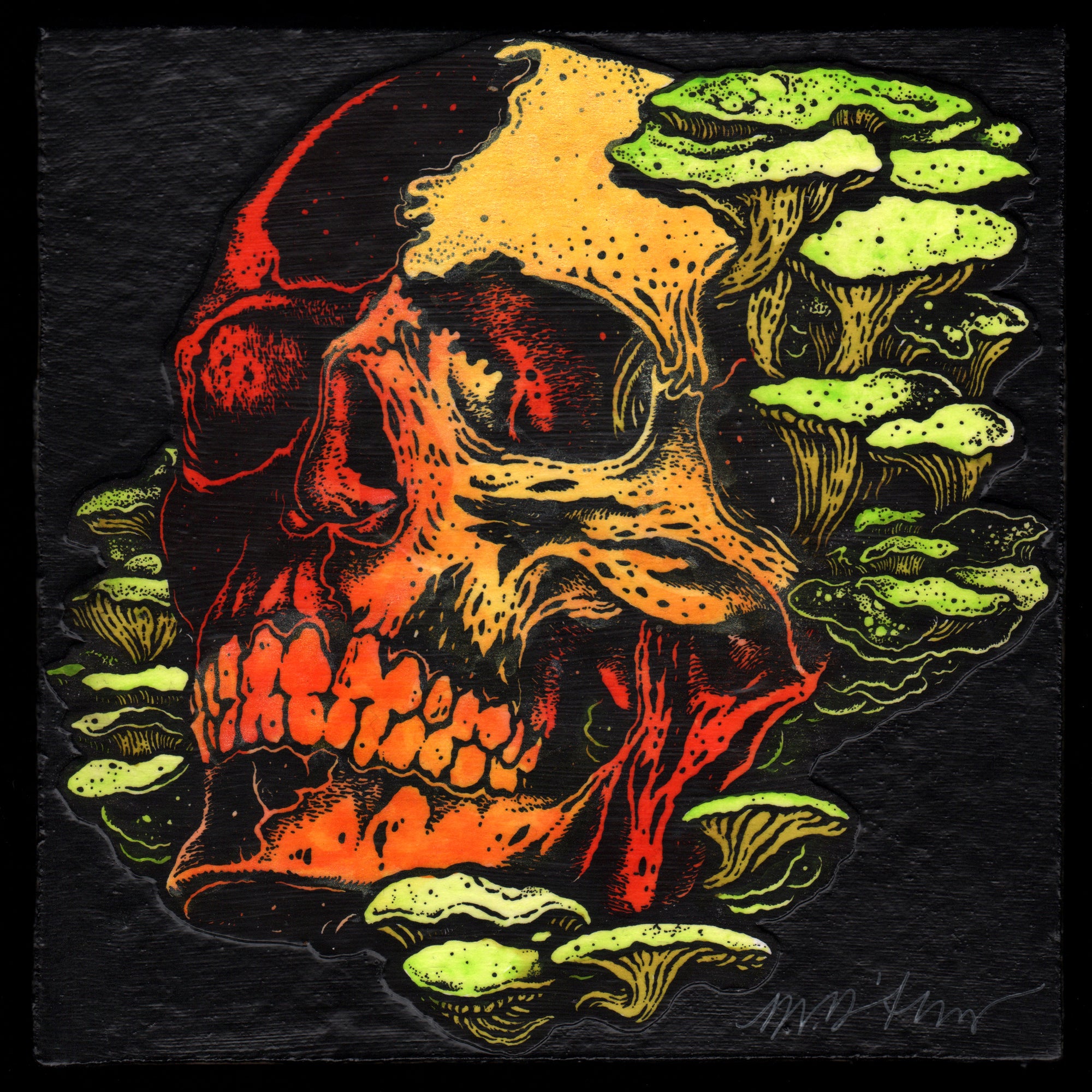 Skull with Shrooms : Painted Letterpress Panel