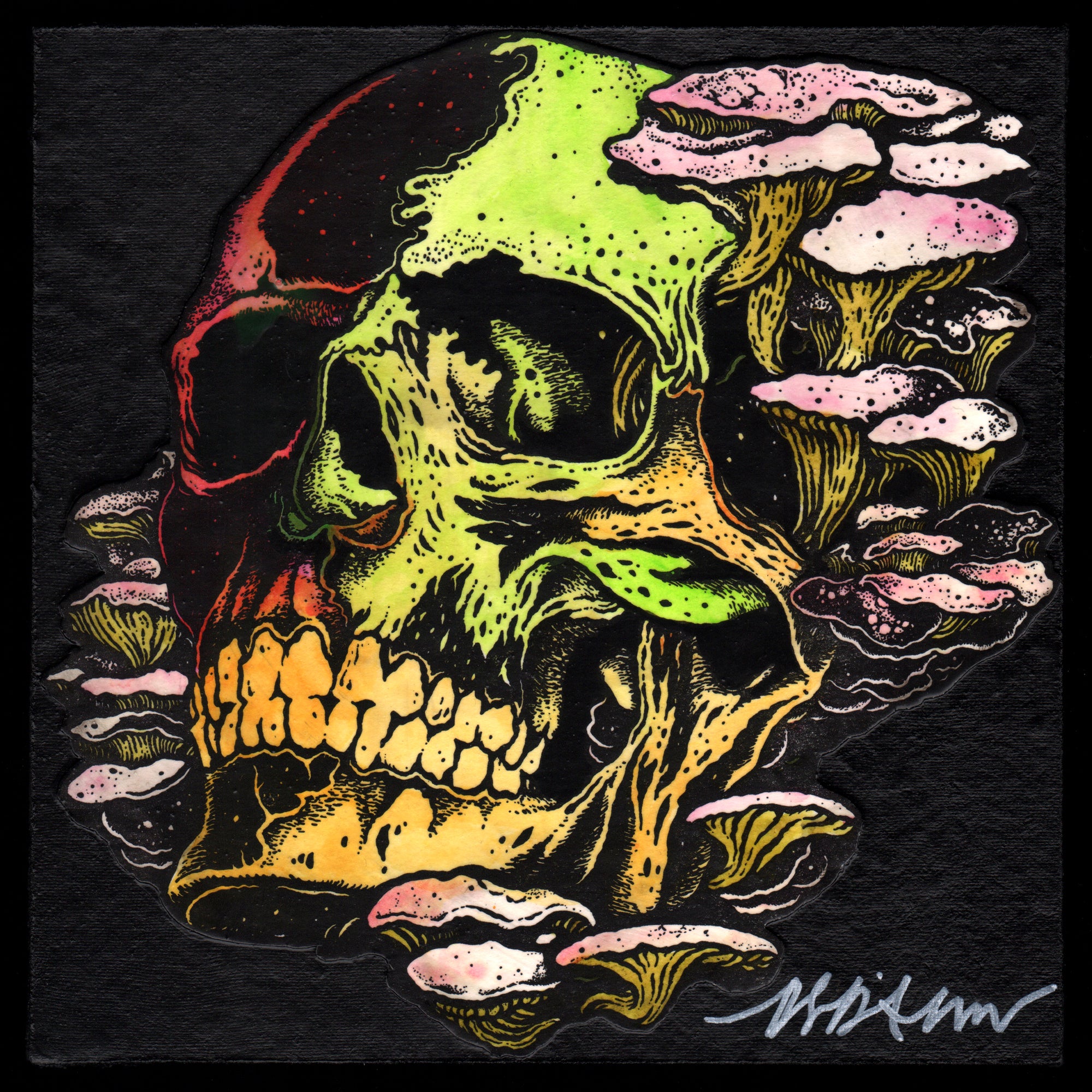 Skull with Shrooms : Painted Letterpress Panel