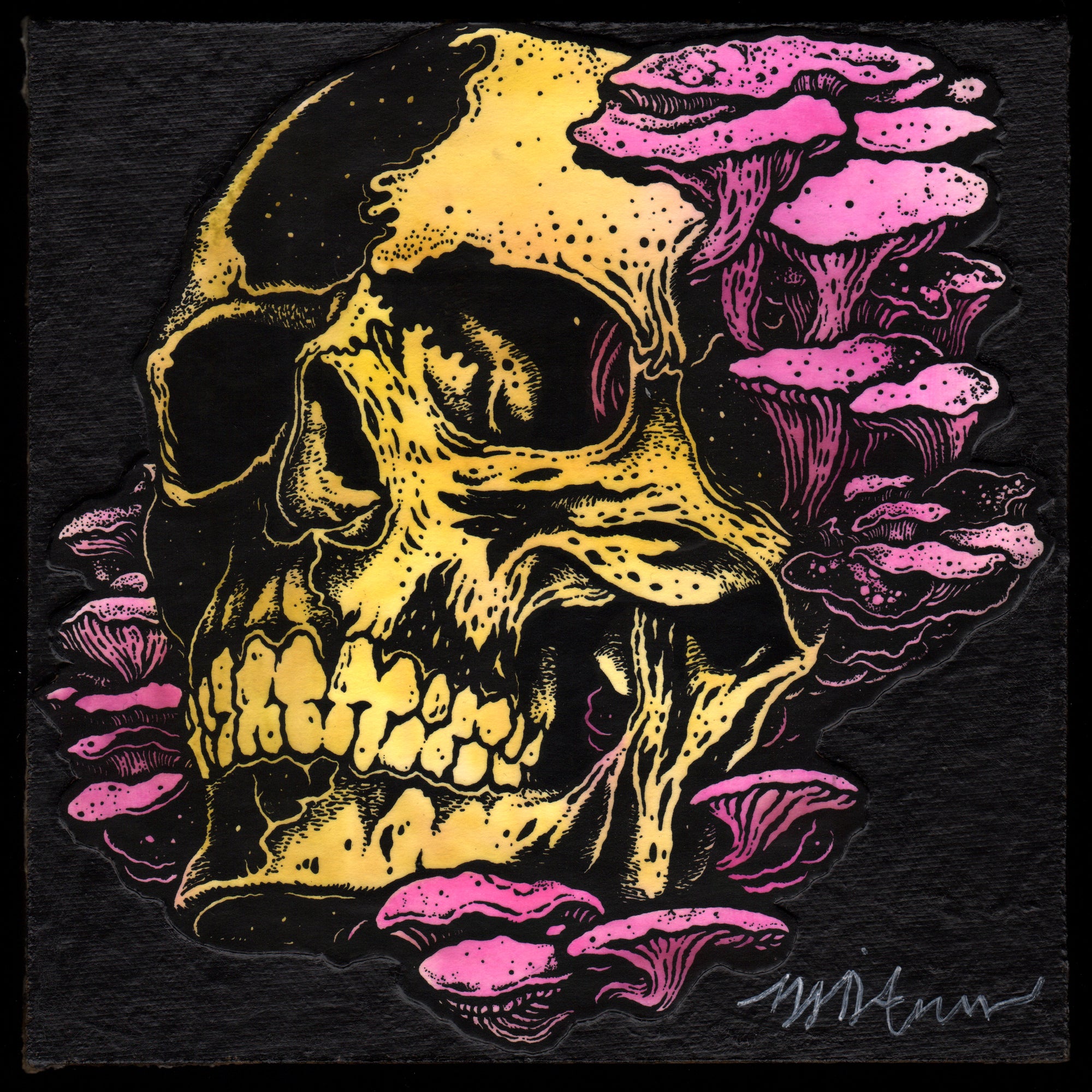 Skull with Shrooms : Painted Letterpress Panel
